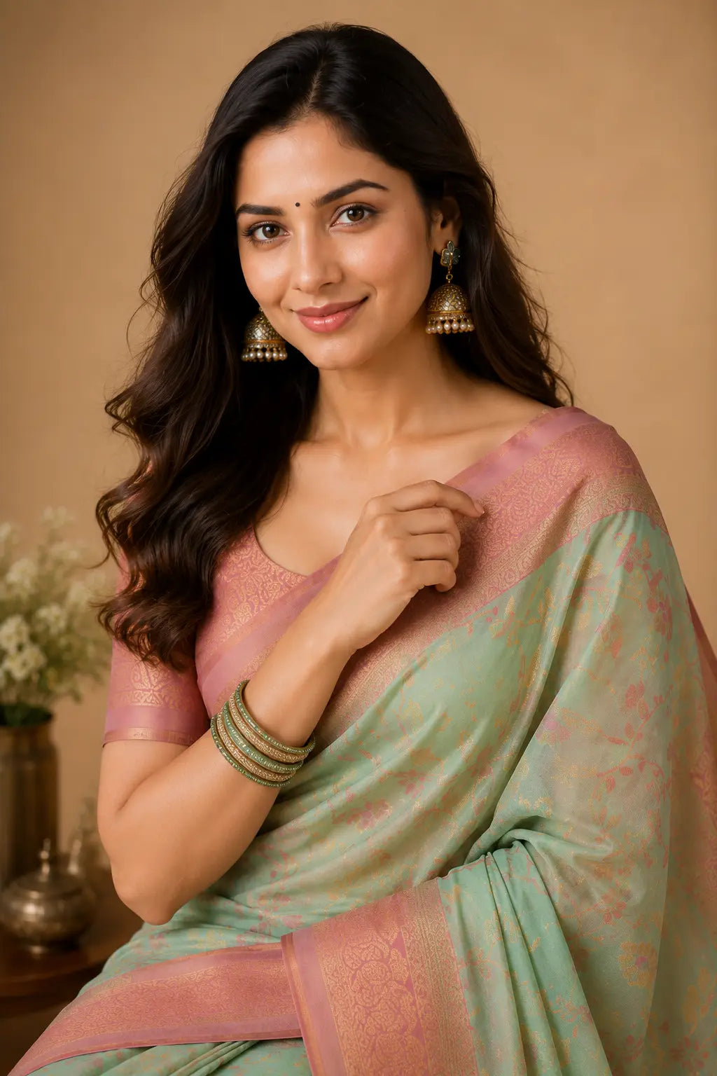 Kupera korvai bridal silk saree mint green close-up – TRESSNY