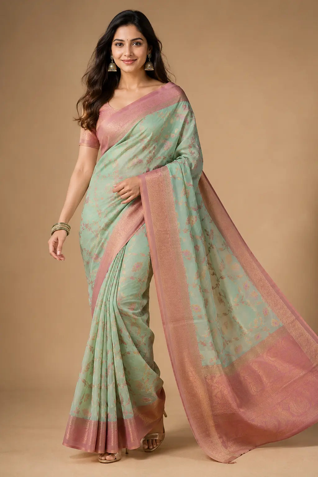 Kupera korvai bridal silk saree mint green front view – TRESSNY