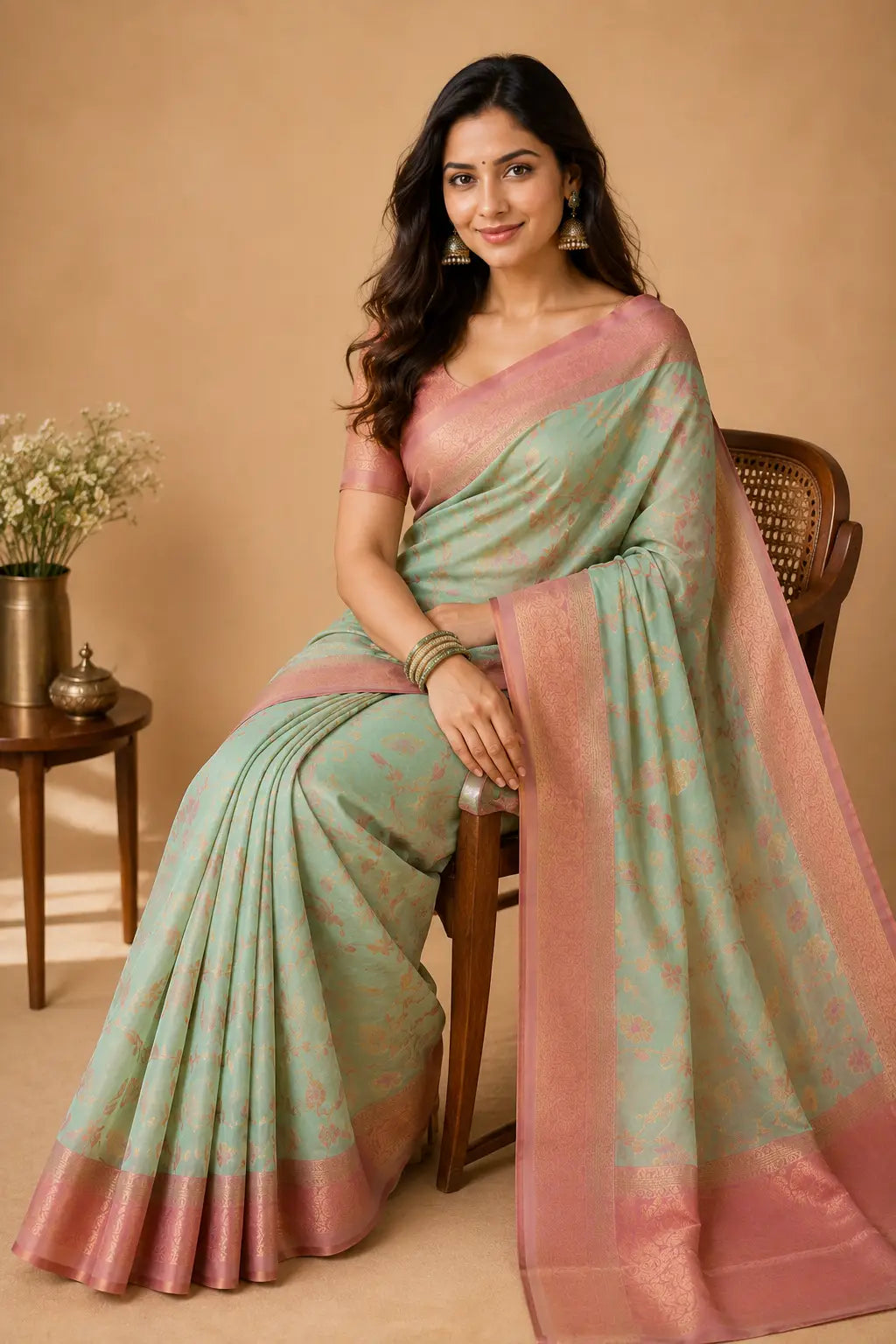 Kupera korvai bridal silk saree mint green seated view – TRESSNY