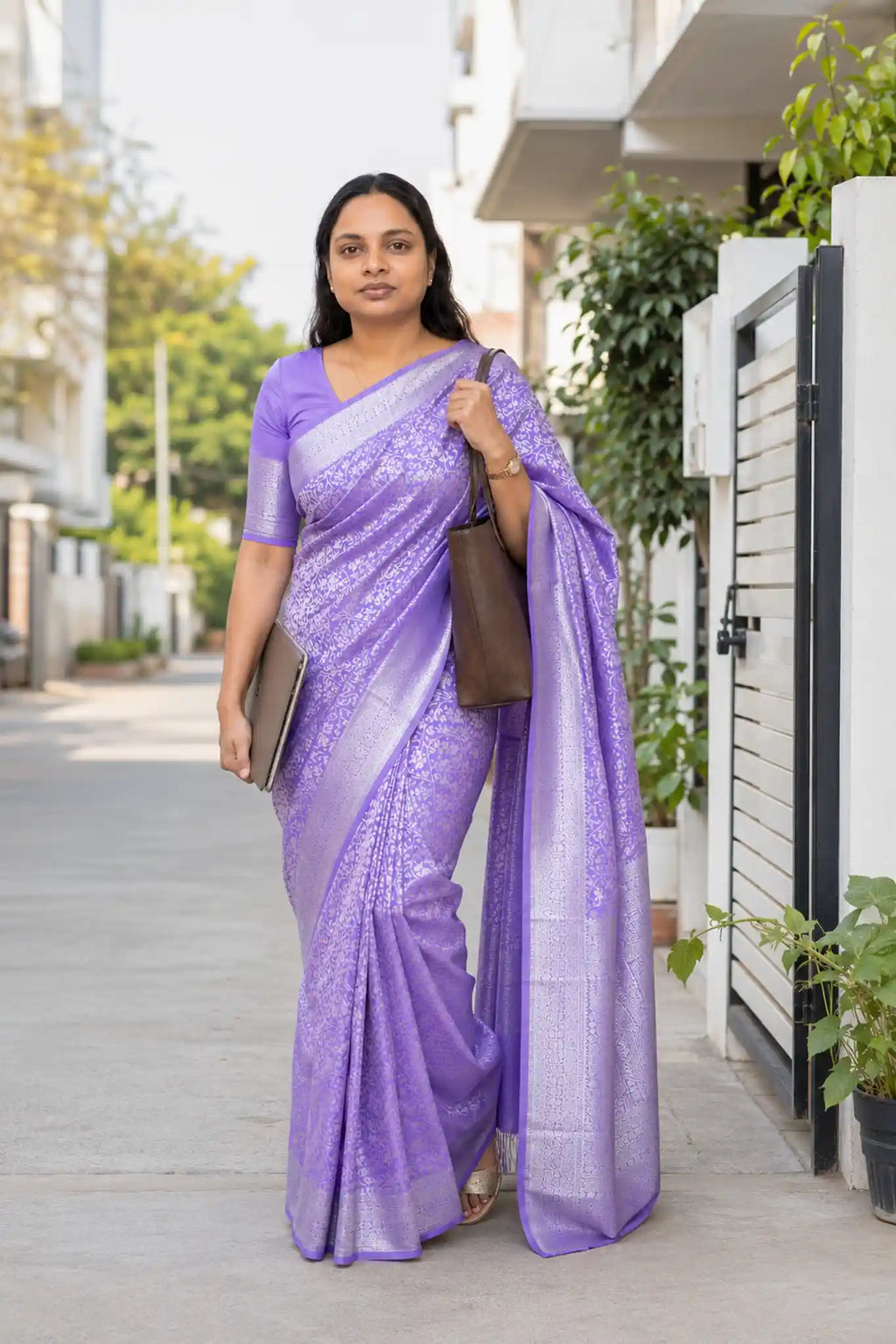 Lavender Silk Saree with Silver Zari Jaal and Blouse Piece - Saree Blouse | Women Fashion India