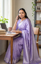 Lavender Silk Saree with Silver Zari Jaal and Blouse Piece - Saree Front | Women Fashion India