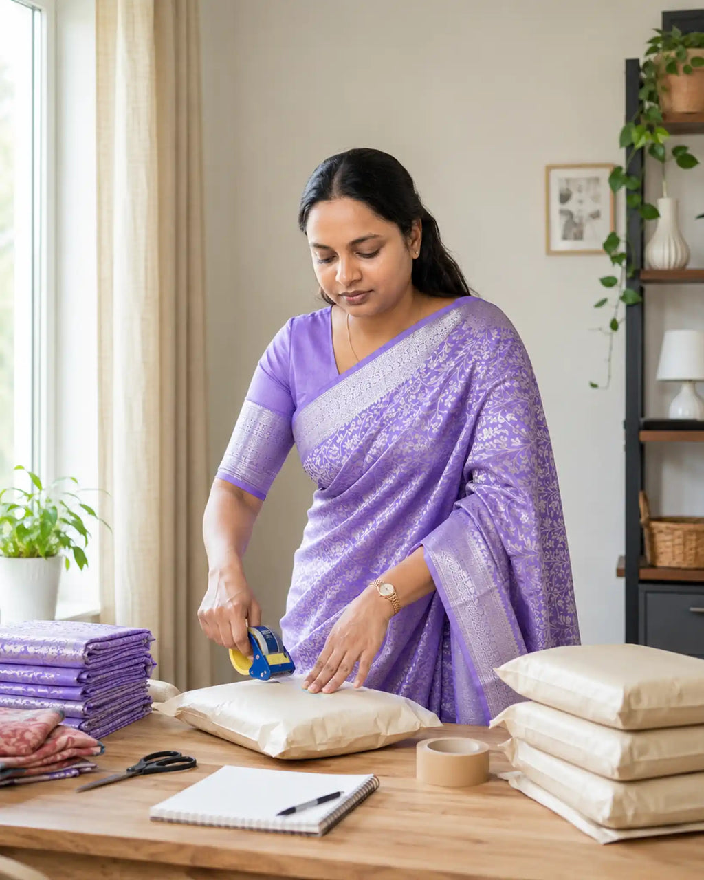 Lavender Silk Saree with Silver Zari Jaal and Blouse Piece - Saree Pallu | Women Fashion India