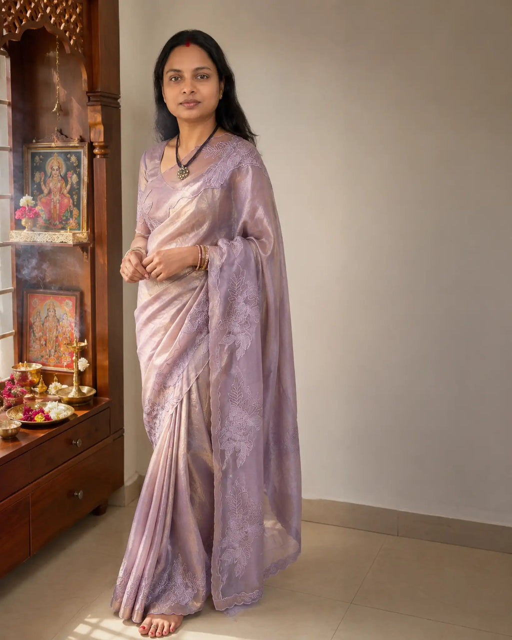 Lilac Space Silk Saree with Applique Thread Work Border - Full Drape | Women Fashion India