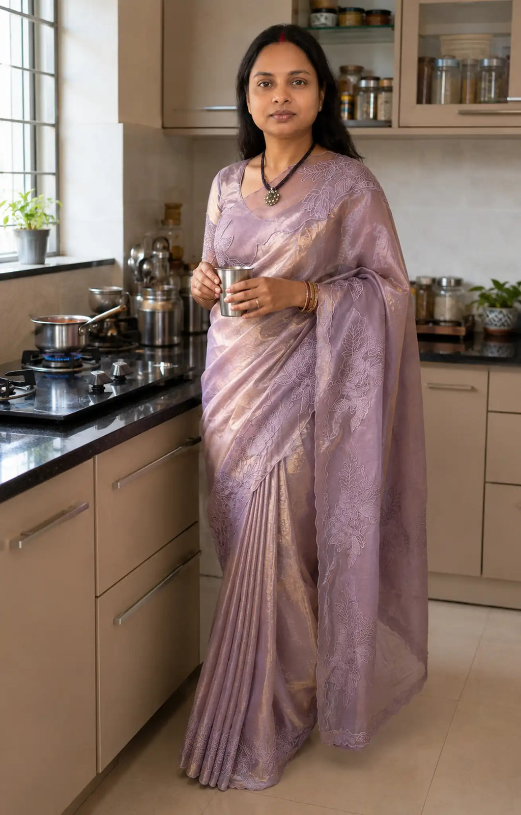 Lilac Space Silk Saree with Applique Thread Work Border - Pallu Detail | Women Fashion India