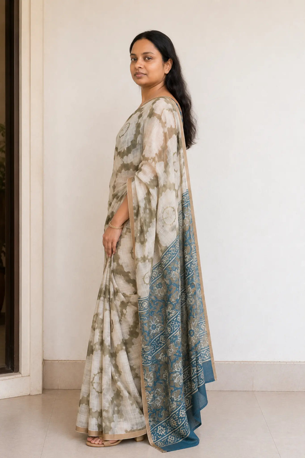 Shibori Print Linen Cotton Saree with Teal Floral Pallu - Border Closeup | Women Fashion India