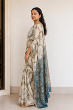 Shibori Print Linen Cotton Saree with Teal Floral Pallu - Border Closeup | Women Fashion India