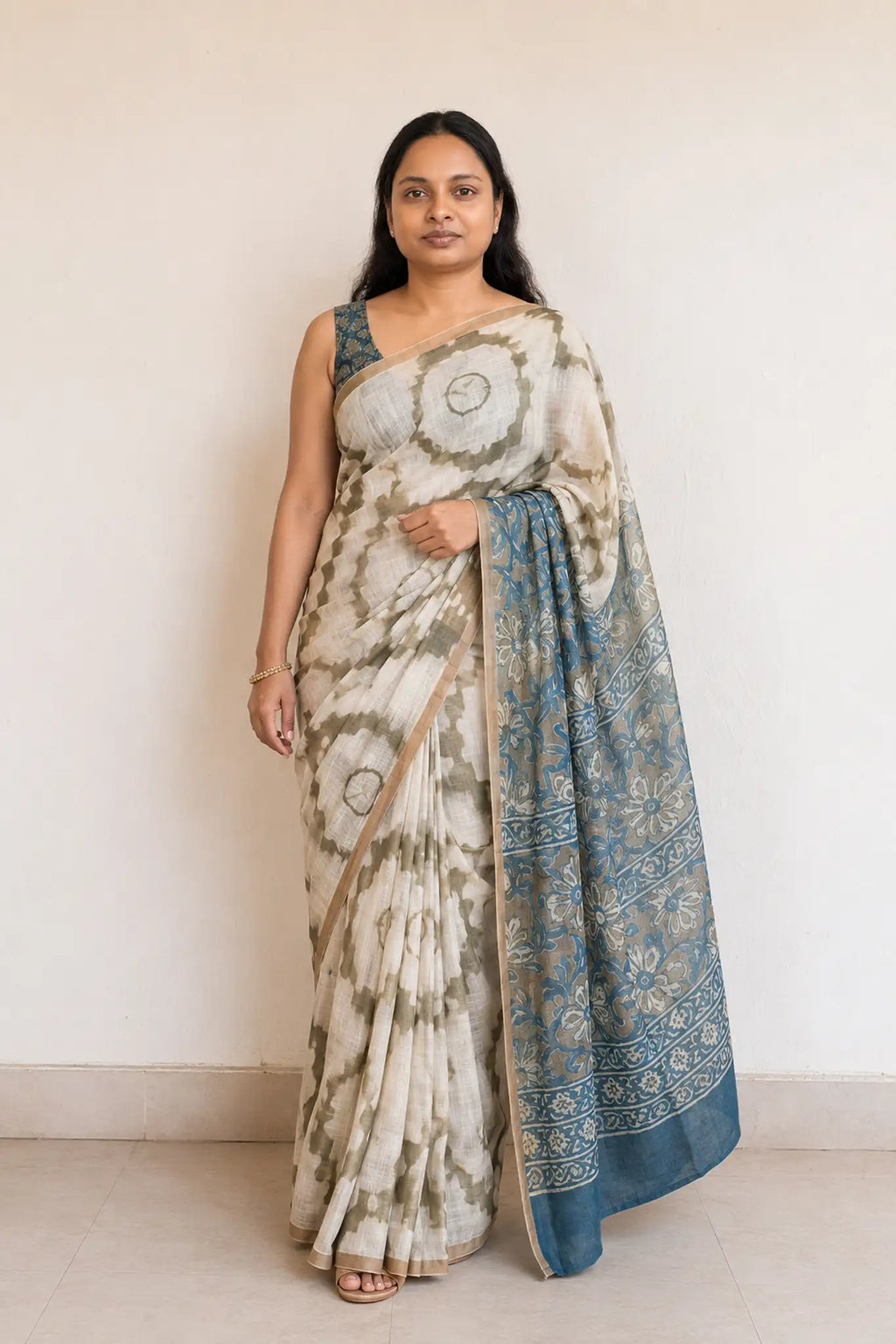 Shibori Print Linen Cotton Saree with Teal Floral Pallu - Front Drape | Women Fashion India
