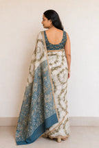 Shibori Print Linen Cotton Saree with Teal Floral Pallu - Pallu Detail | Women Fashion India