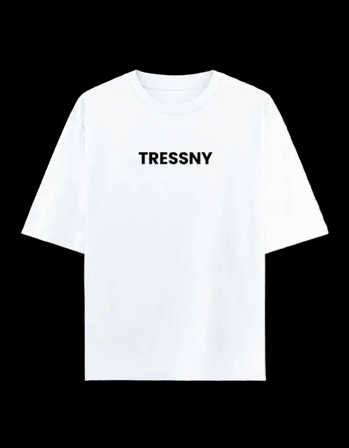 White t-shirt with 'TRESSNY' logo on a light gray background