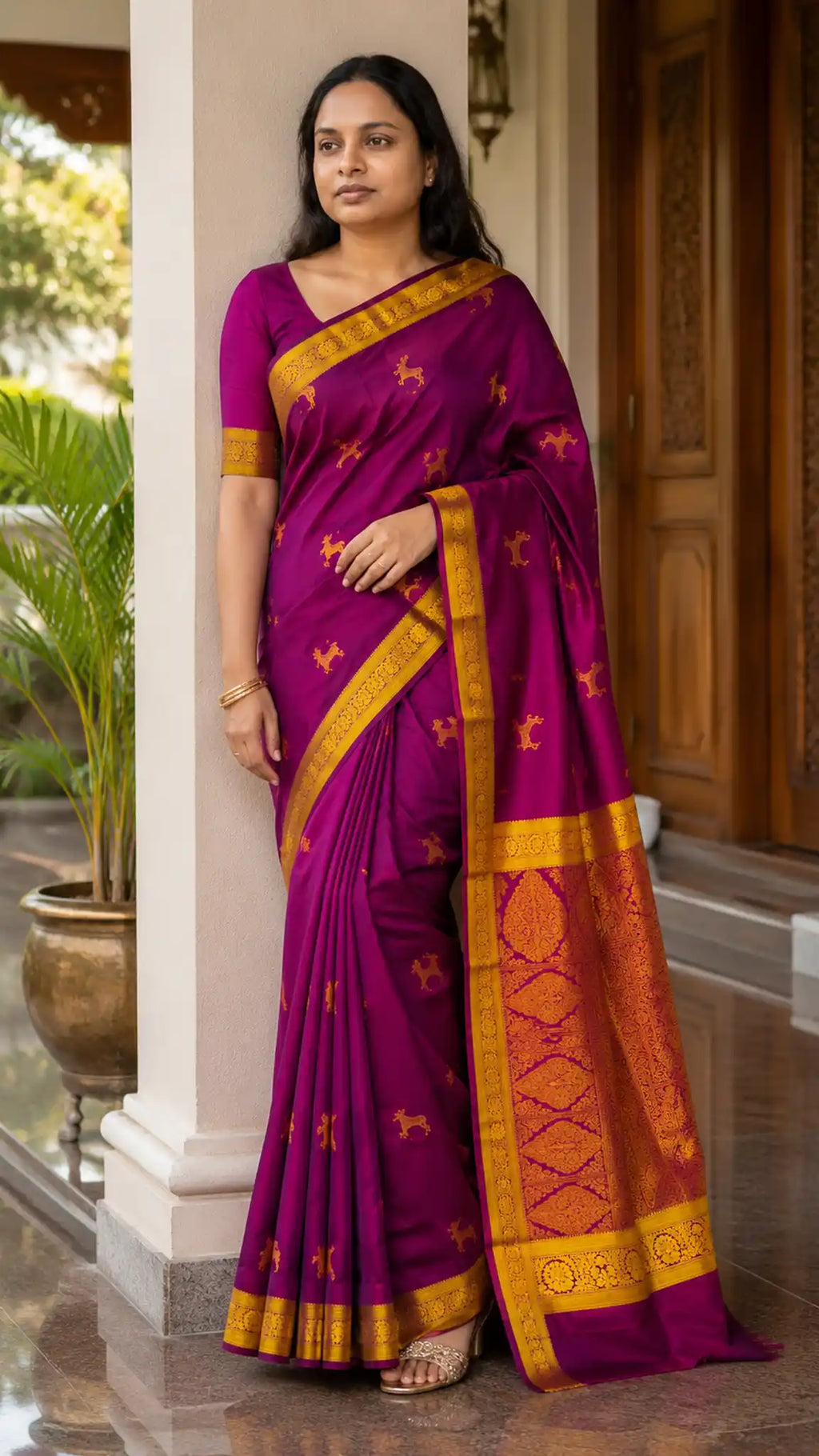 Magenta Soft Silk Saree with Gold Zari Border and Deer Motifs - Saree Front | Women Fashion India