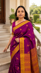 Magenta Soft Silk Saree with Gold Zari Border and Deer Motifs - Saree Pallu | Women Fashion India