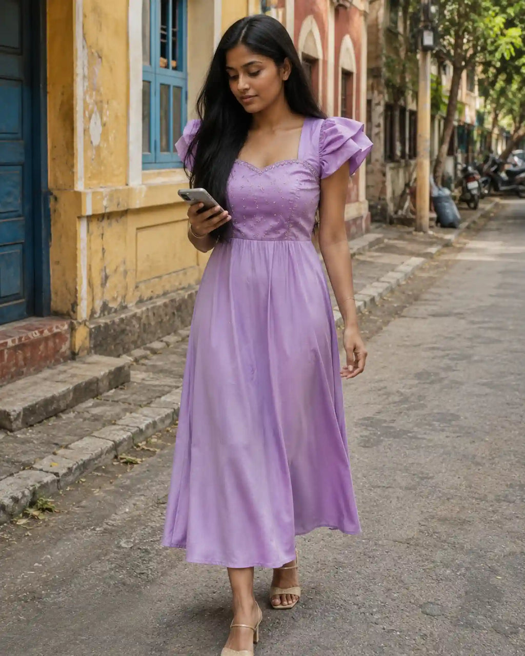 Maggam Work Rangoli Silk Gown for Festive Ethnic Wear - Front View | Women Fashion India