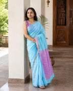 Sky Blue Silk Cotton Saree with Zari Buttas and Border - Front Drape | Women Fashion India