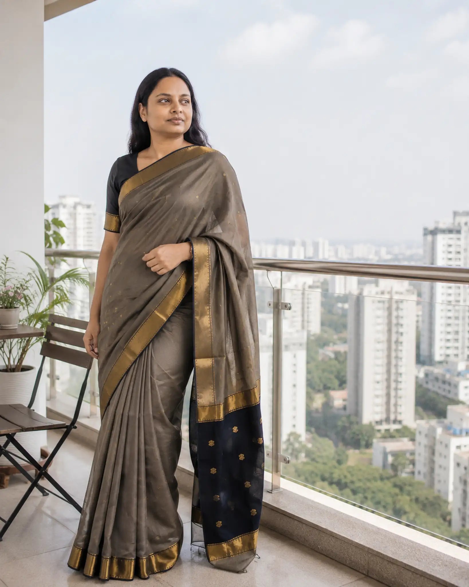 Maheshwari Silk Cotton Saree with Gold Zari Lotus Pallu - Pallu Detail | Women Fashion India