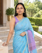 Sky Blue Silk Cotton Saree with Zari Buttas and Border - Pallu Detail | Women Fashion India
