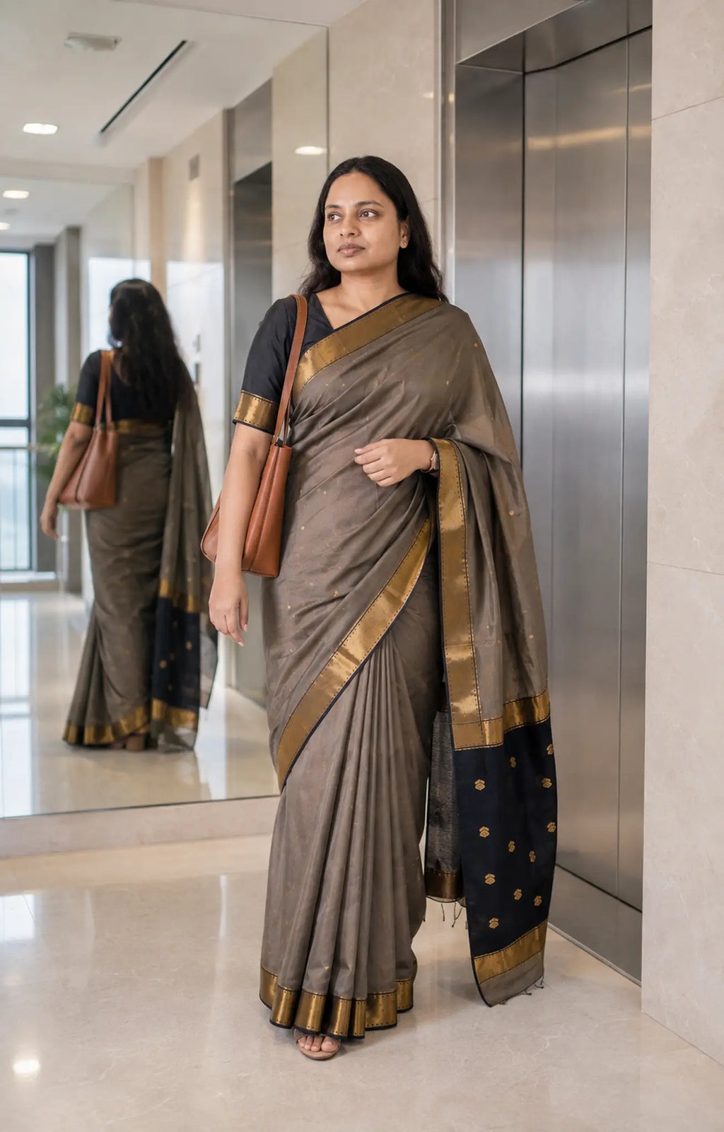 Maheshwari Silk Cotton Saree with Gold Zari Lotus Pallu - Zari Border | Women Fashion India