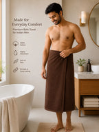 Man wearing a brown TressNY premium cotton bath towel in a bathroom, with product features listed