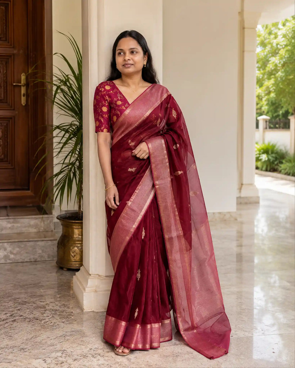 Maroon Banarasi Mango Silk Saree with Gold Zari Butis - Drape Front | Women Fashion India