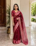 Maroon Banarasi Mango Silk Saree with Gold Zari Butis - Drape Front | Women Fashion India