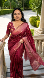 Maroon Banarasi Mango Silk Saree with Gold Zari Butis - Pallu Detail | Women Fashion India