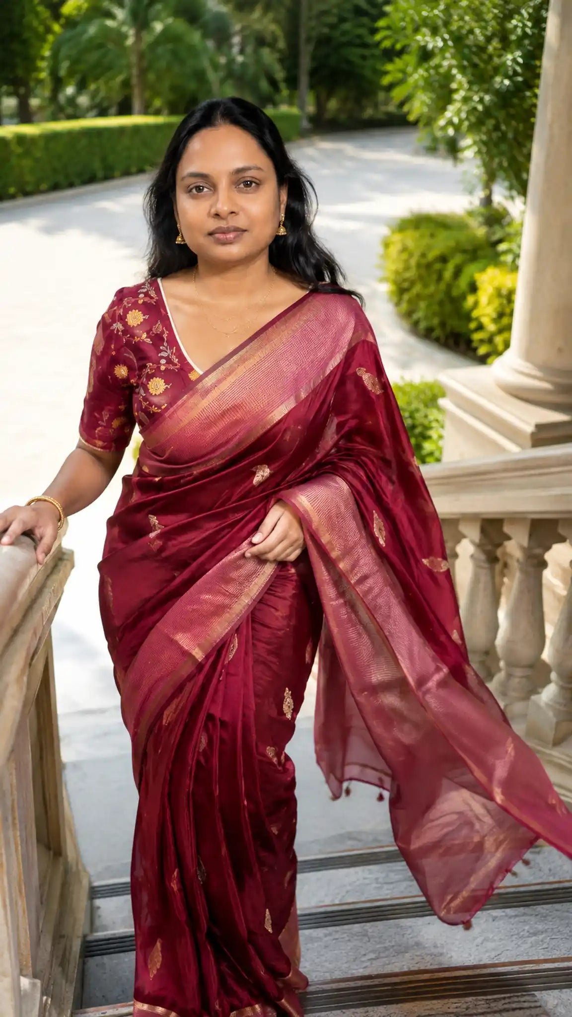 Maroon Banarasi Mango Silk Saree with Gold Zari Butis - Pallu Detail | Women Fashion India