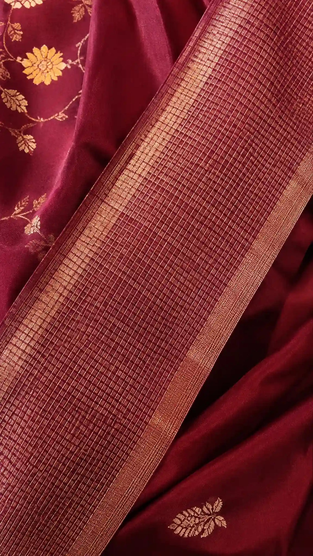 Maroon Banarasi Mango Silk Saree with Gold Zari Butis - Zari Border | Women Fashion India
