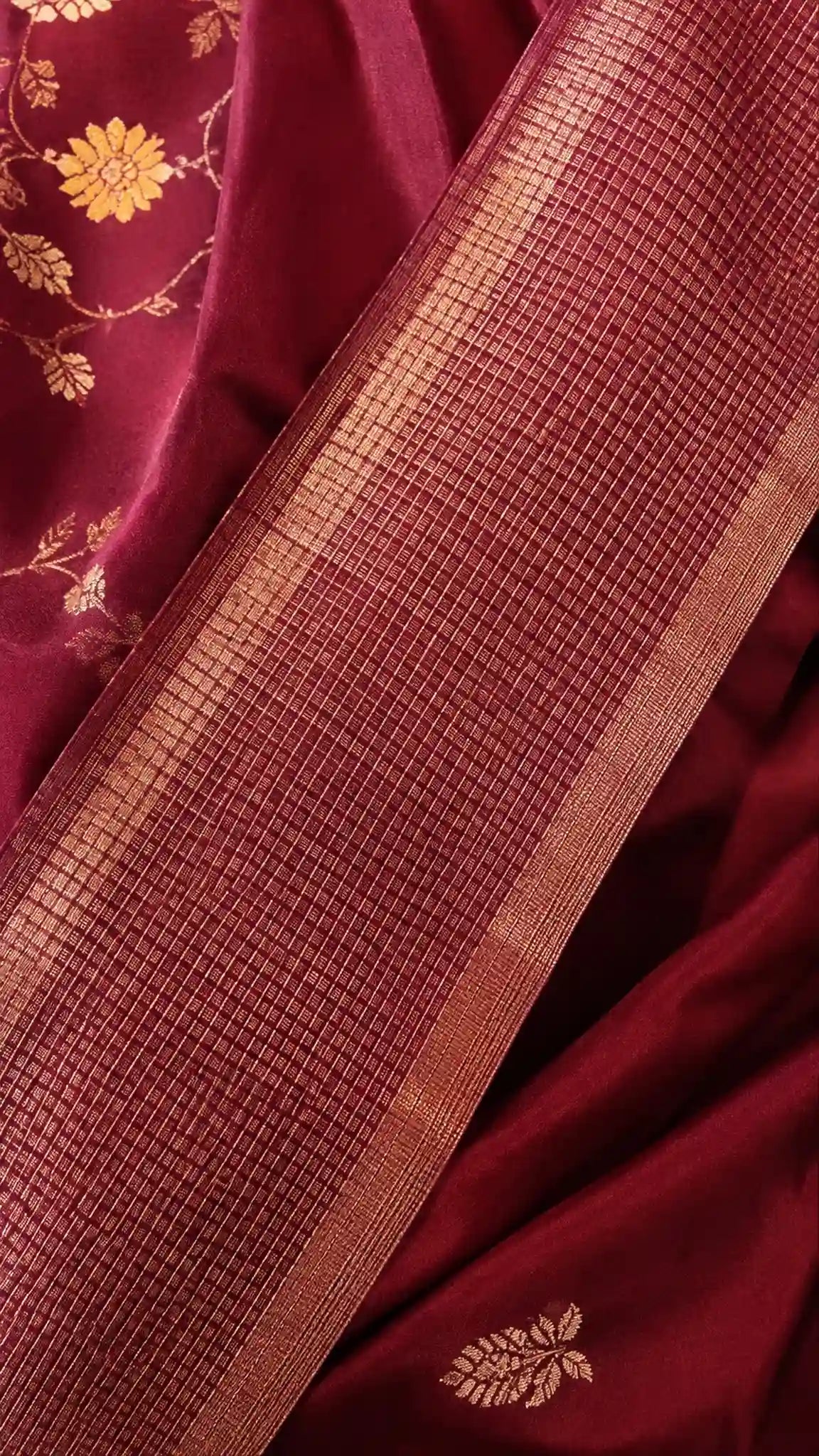 Maroon Banarasi Mango Silk Saree with Gold Zari Butis - Zari Border | Women Fashion India