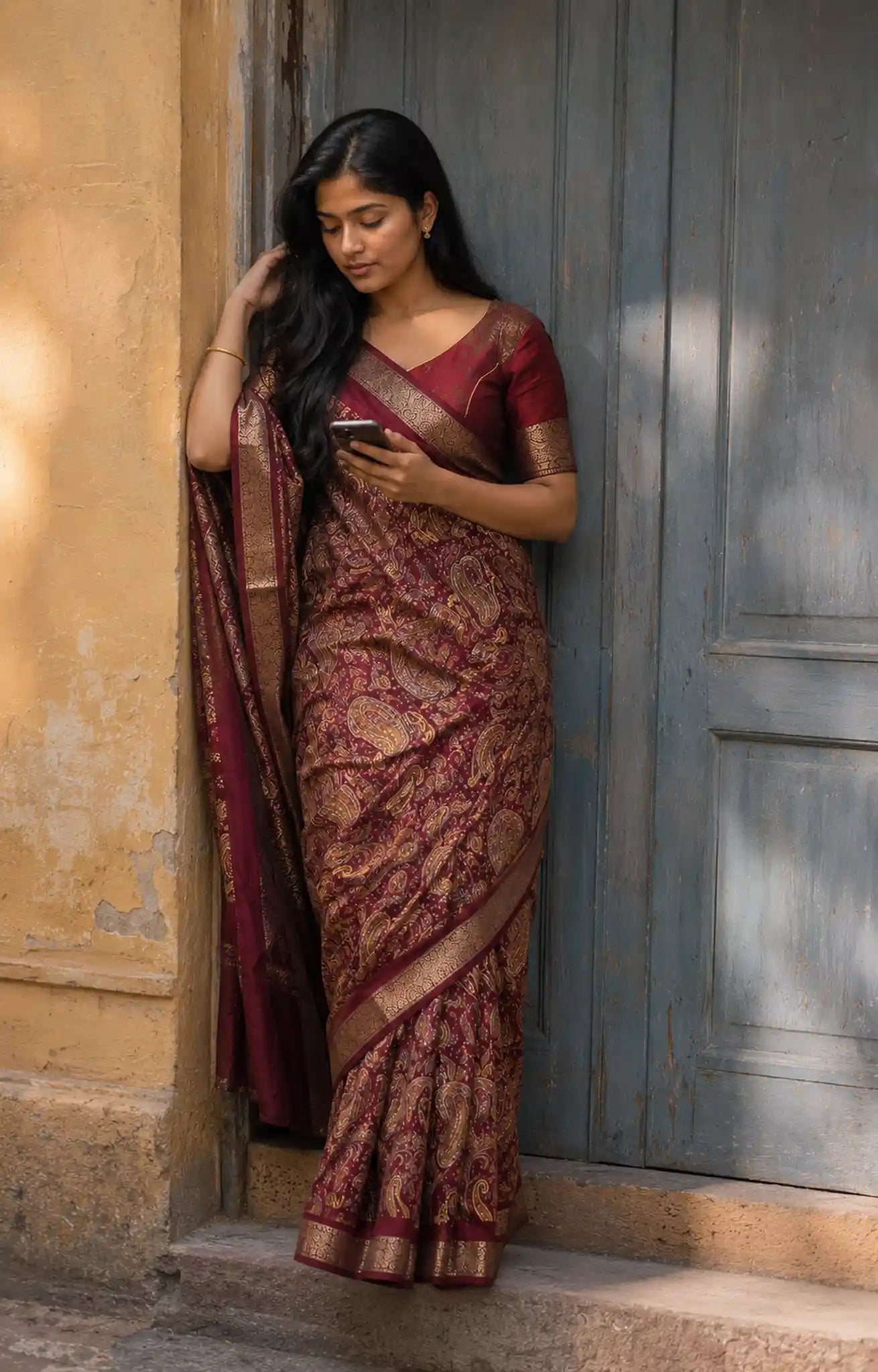 Maroon Paisley Woven Saree for Festive Ethnic Wear - Drape View | Women Fashion India