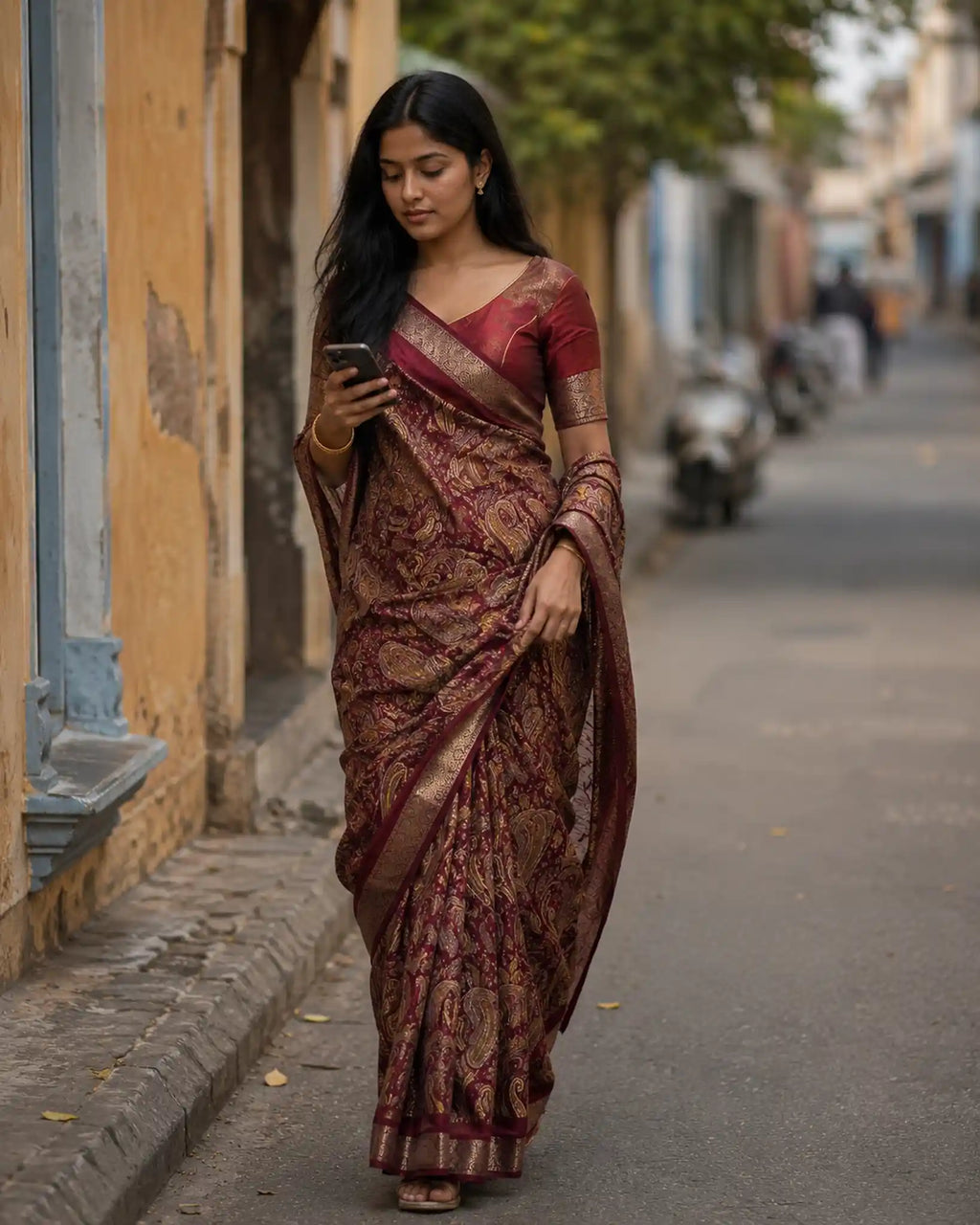 Maroon Paisley Woven Saree for Festive Ethnic Wear - Front View | Women Fashion India