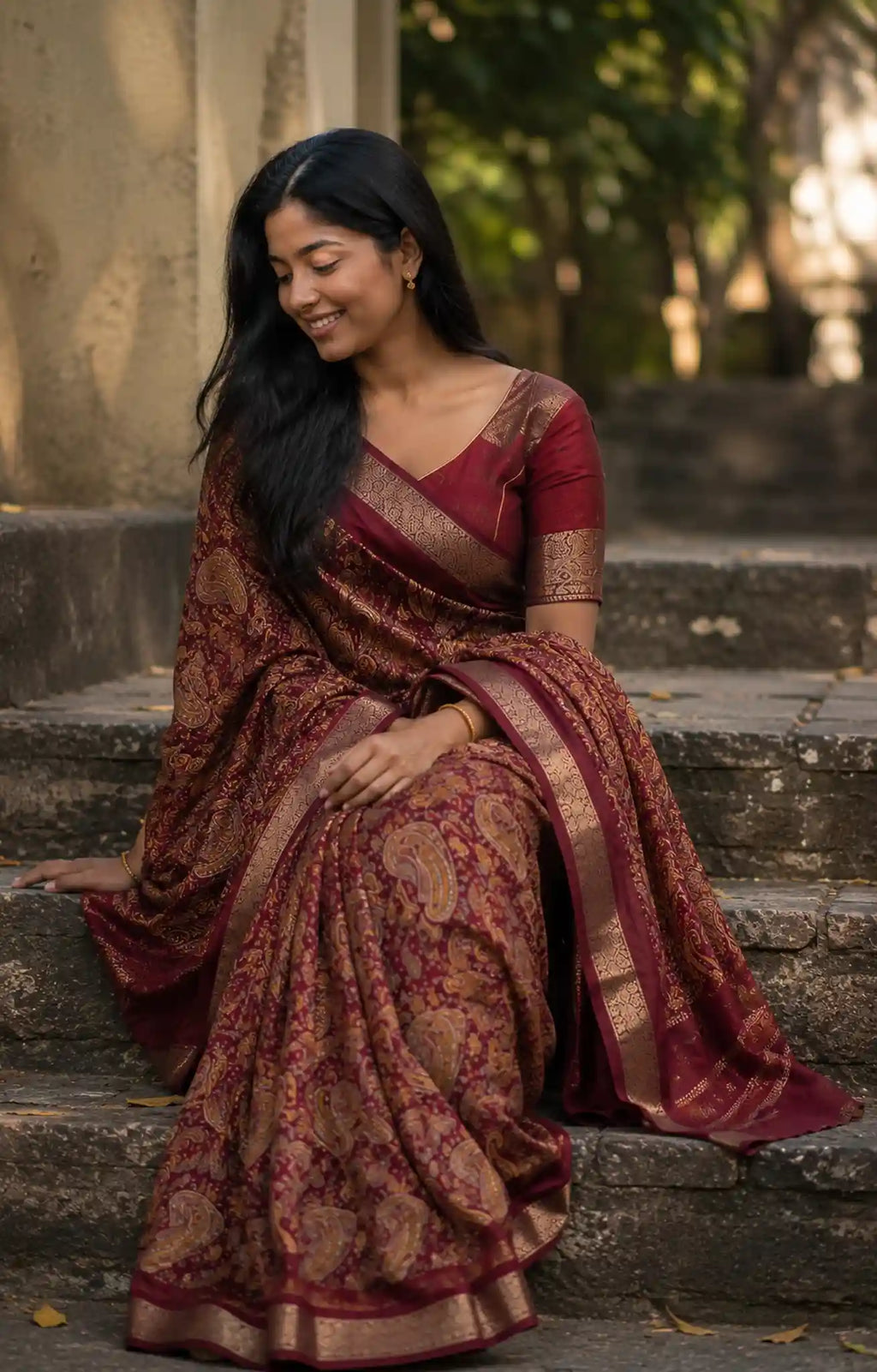 Maroon Paisley Woven Saree for Festive Ethnic Wear - Side View | Women Fashion India