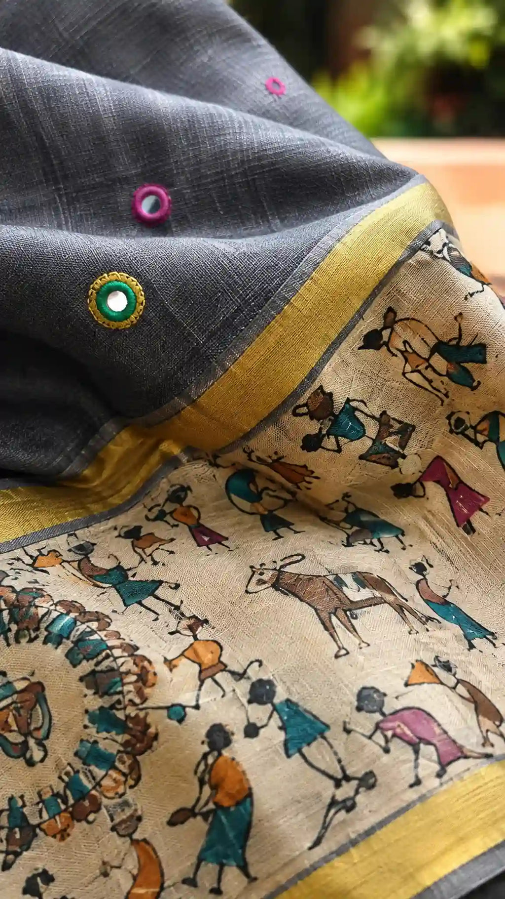 Ash Yellow Linen Saree with Mirror Work - Festive Wear - Saree Border | Women Fashion India