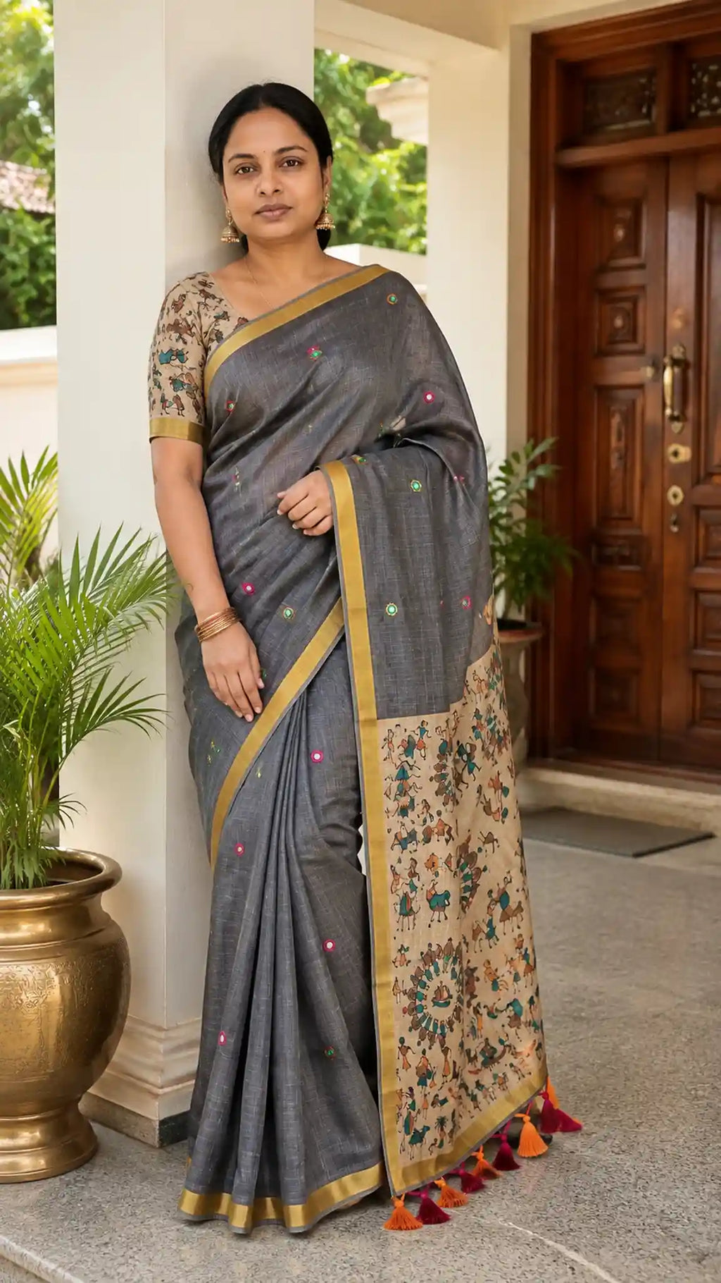Ash Yellow Linen Saree with Mirror Work - Festive Wear - Saree Front | Women Fashion India