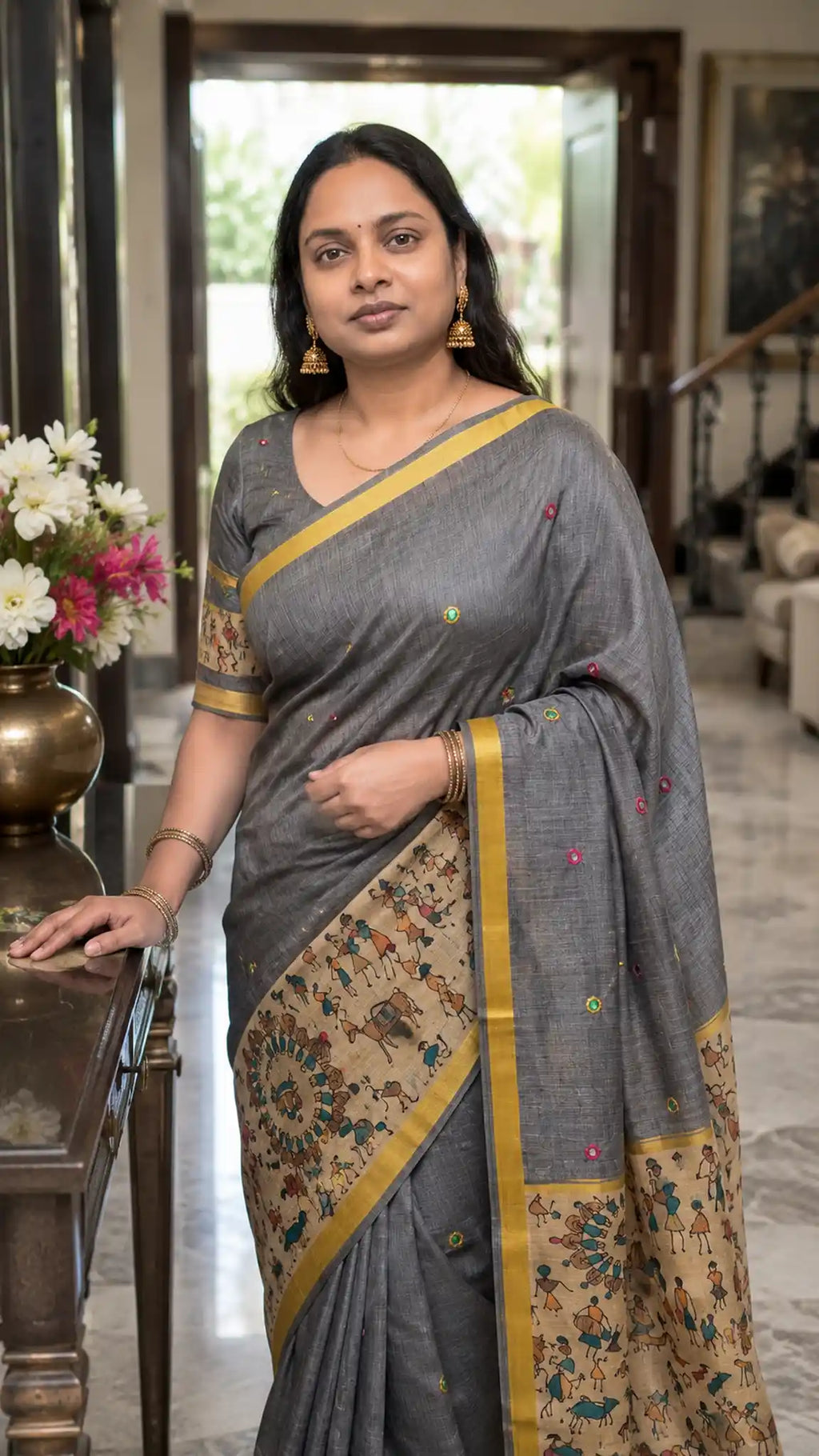 Ash Yellow Linen Saree with Mirror Work - Festive Wear - Saree Pallu | Women Fashion India