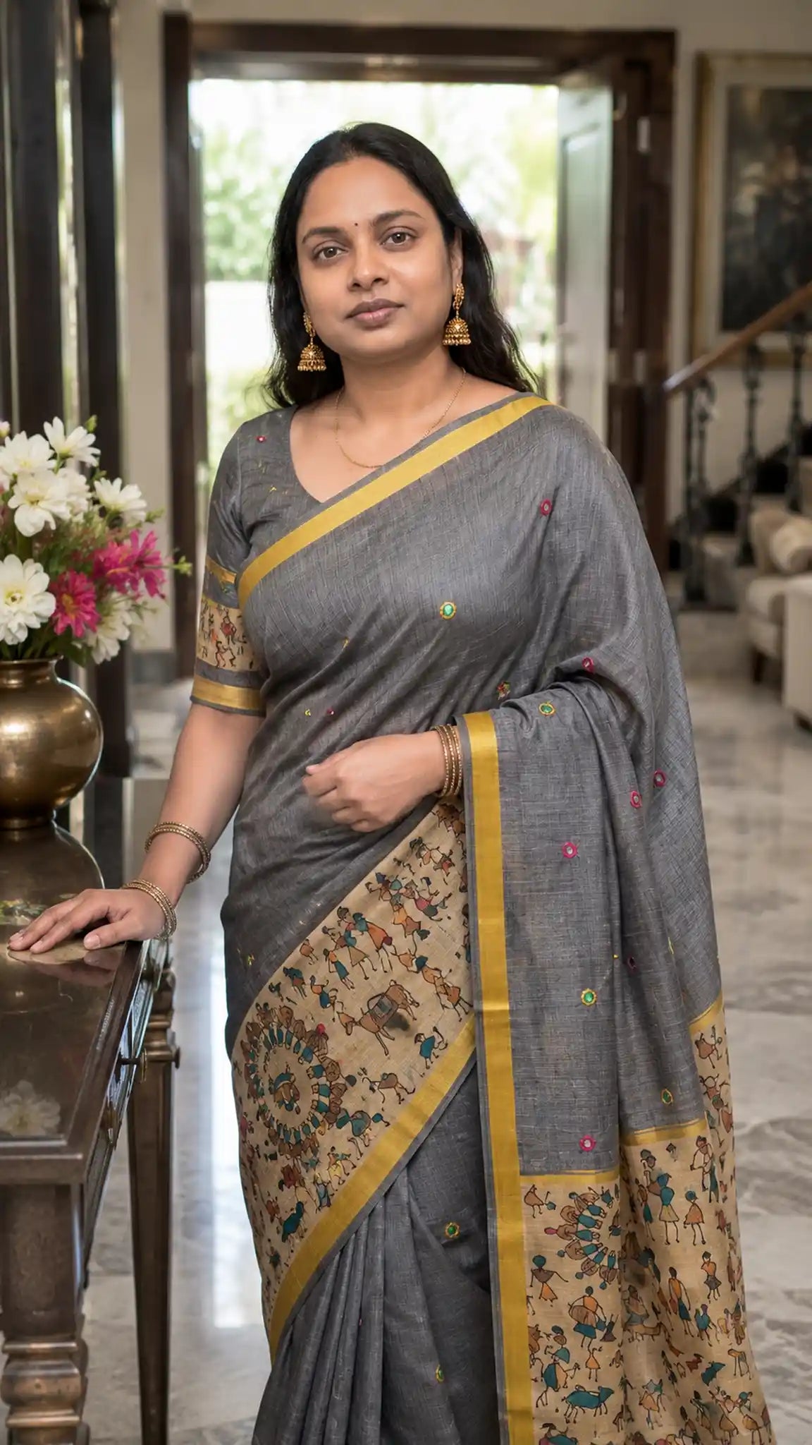 Ash Yellow Linen Saree with Mirror Work - Festive Wear - Saree Pallu | Women Fashion India