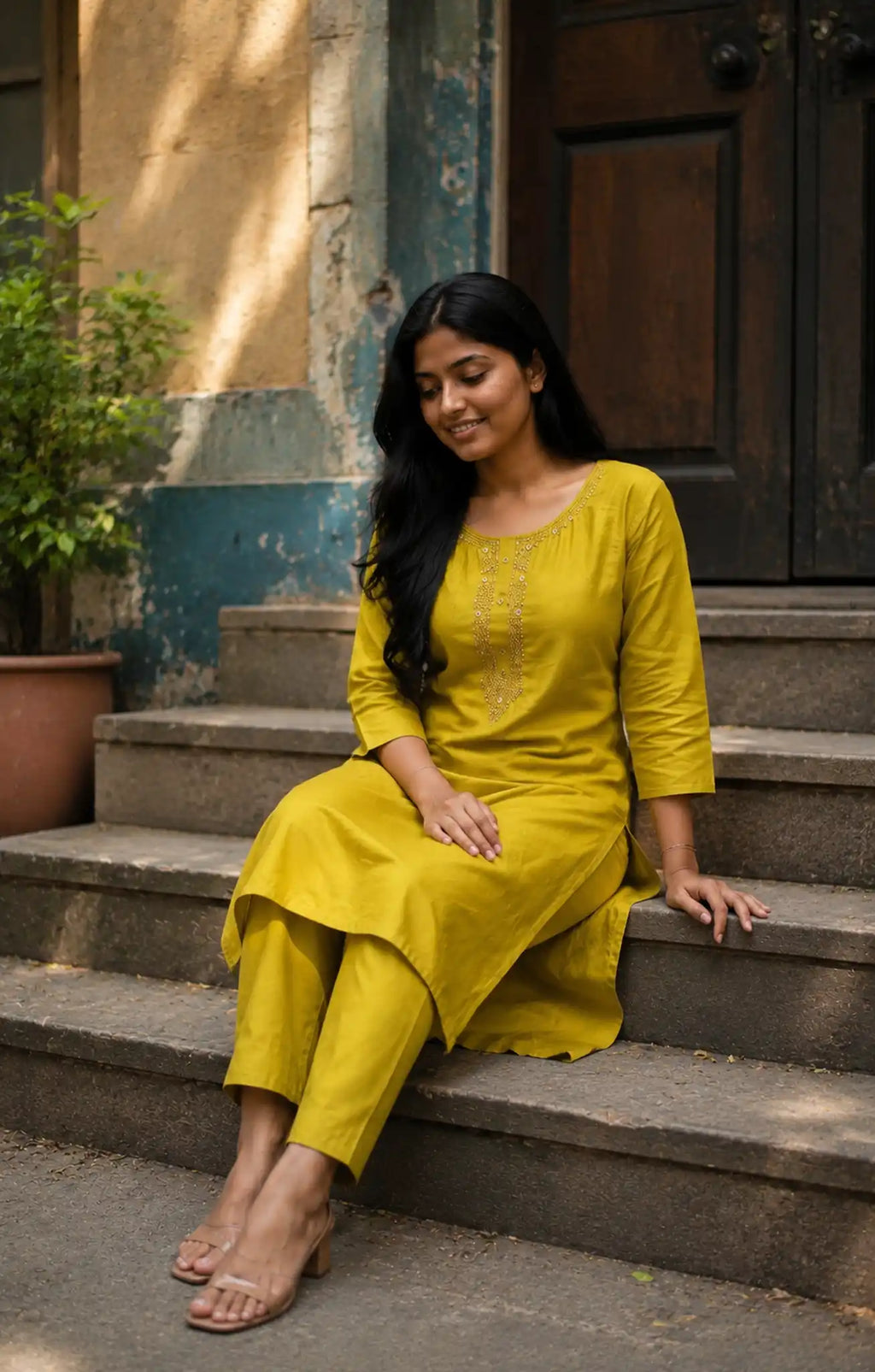 Mustard Dabu Cotton Co-ord Set with Embroidery for Office Wear - Side View | Women Fashion India