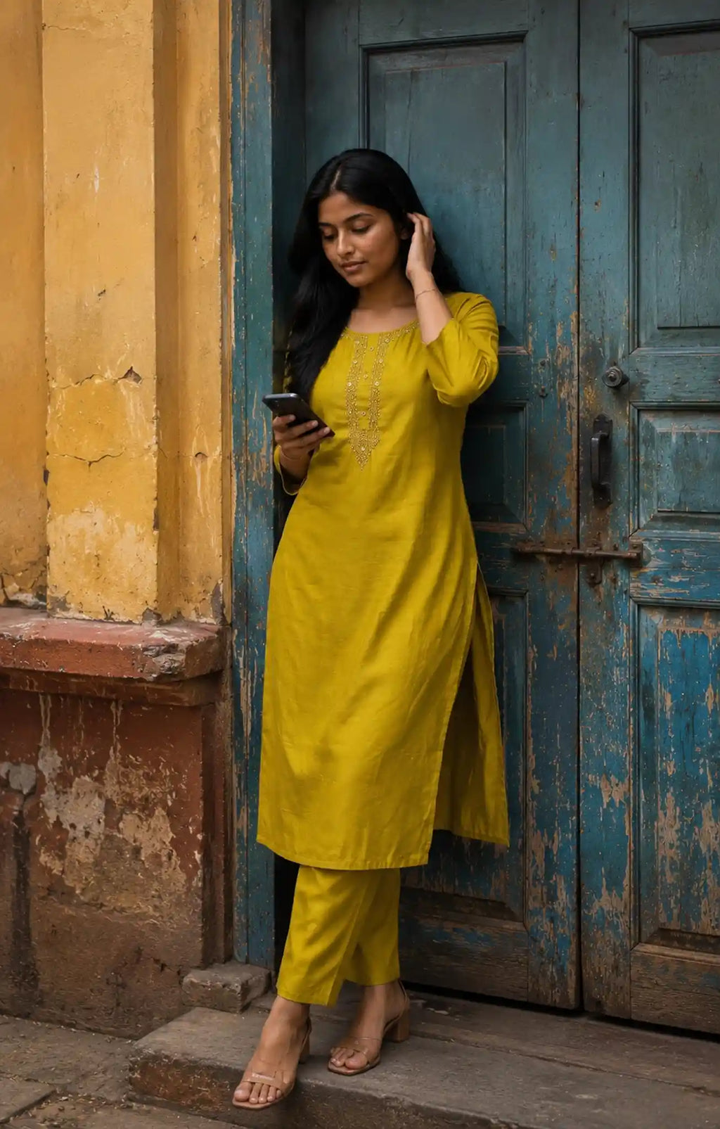 Mustard Dabu Cotton Co-ord Set with Embroidery for Office Wear - Set Detail | Women Fashion India