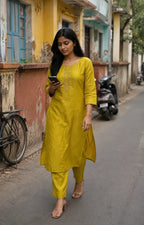 Mustard Dabu Cotton Co-ord Set with Embroidery for Office Wear - Set Front | Women Fashion India