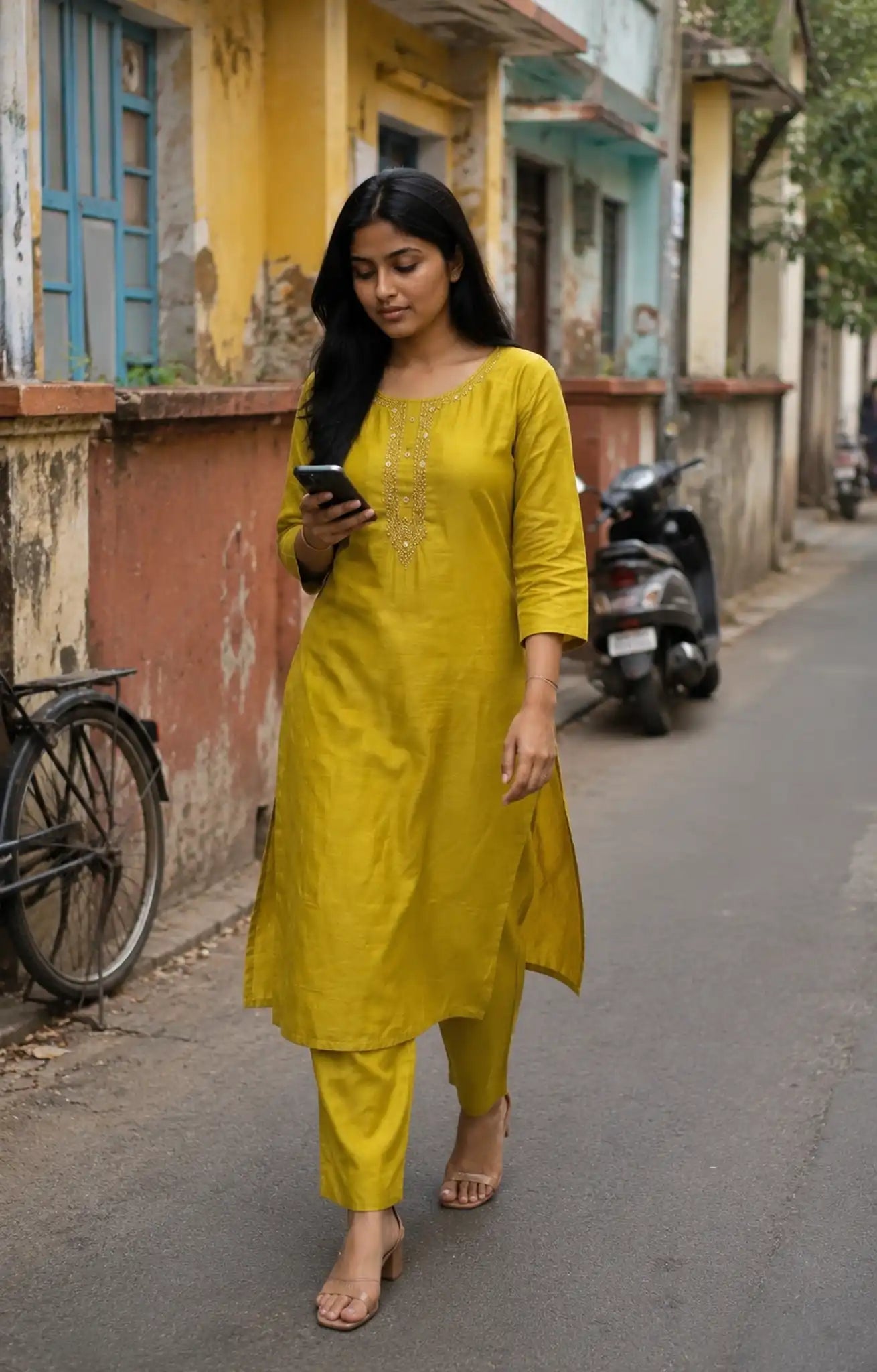 Mustard Dabu Cotton Co-ord Set with Embroidery for Office Wear - Set Front | Women Fashion India