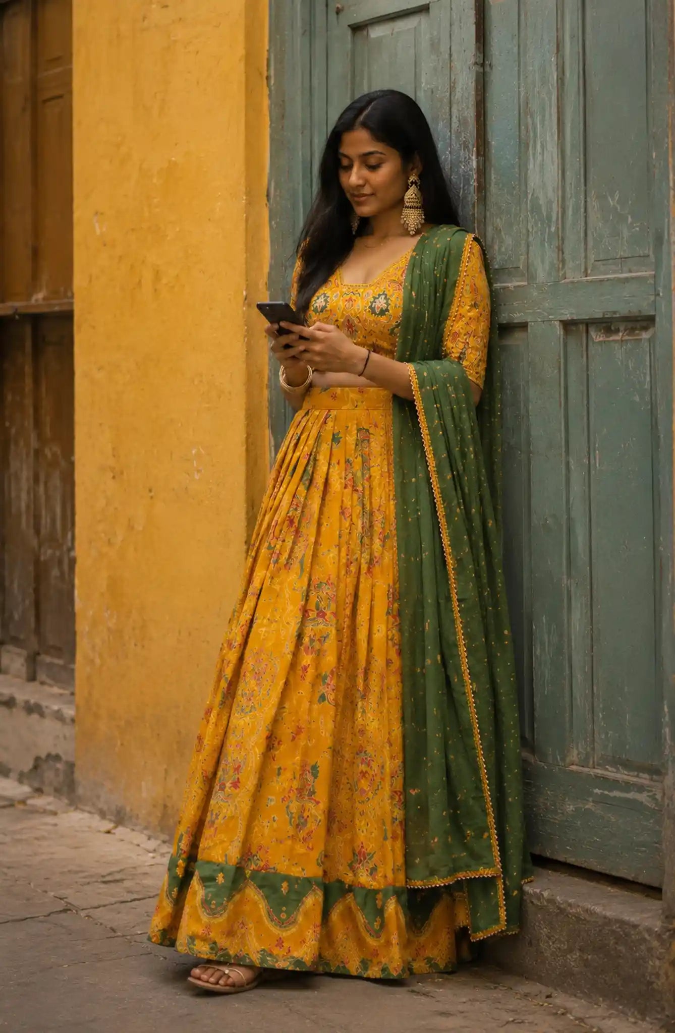 Mustard Tasar Silk Foil Print Lehenga Set for Festive Wear - Detail View | Women Fashion India