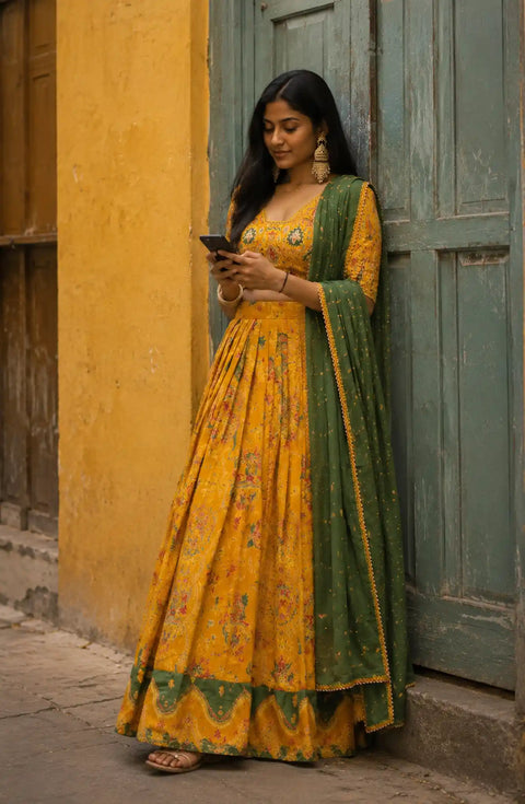 Mustard Tasar Silk Foil Print Lehenga Set for Festive Wear - Detail View | Women Fashion India – buy lehenga online | Tressny