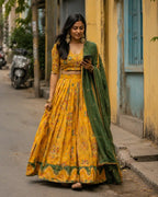 Mustard Tasar Silk Foil Print Lehenga Set for Festive Wear - Front View | Women Fashion India