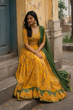 Mustard Tasar Silk Foil Print Lehenga Set for Festive Wear - Side View | Women Fashion India