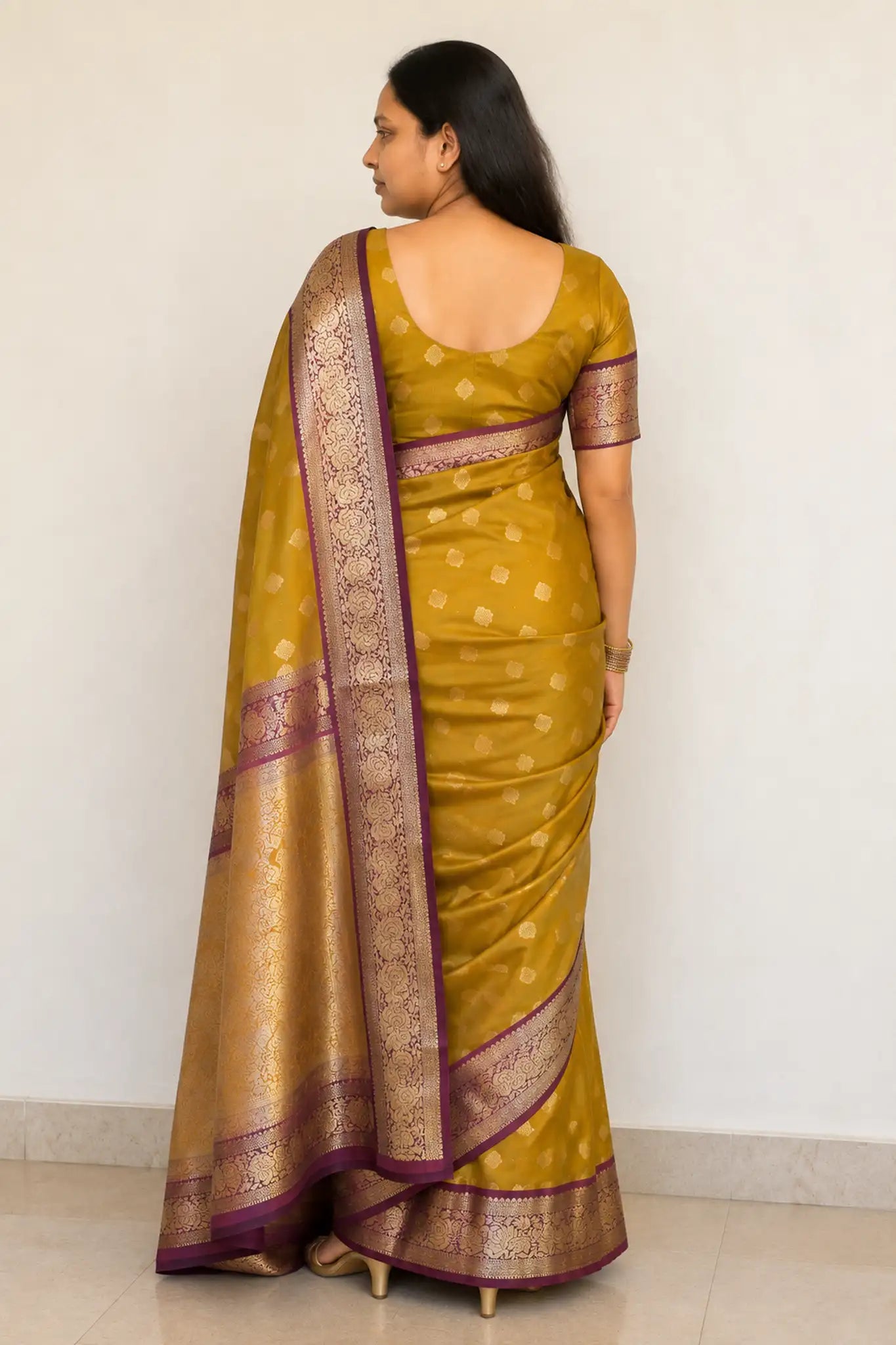 Mustard Banarasi Gadwal Silk Saree with Zari Butta Border - Border Detail | Women Fashion India