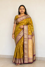 Mustard Banarasi Gadwal Silk Saree with Zari Butta Border - Full Drape | Women Fashion India
