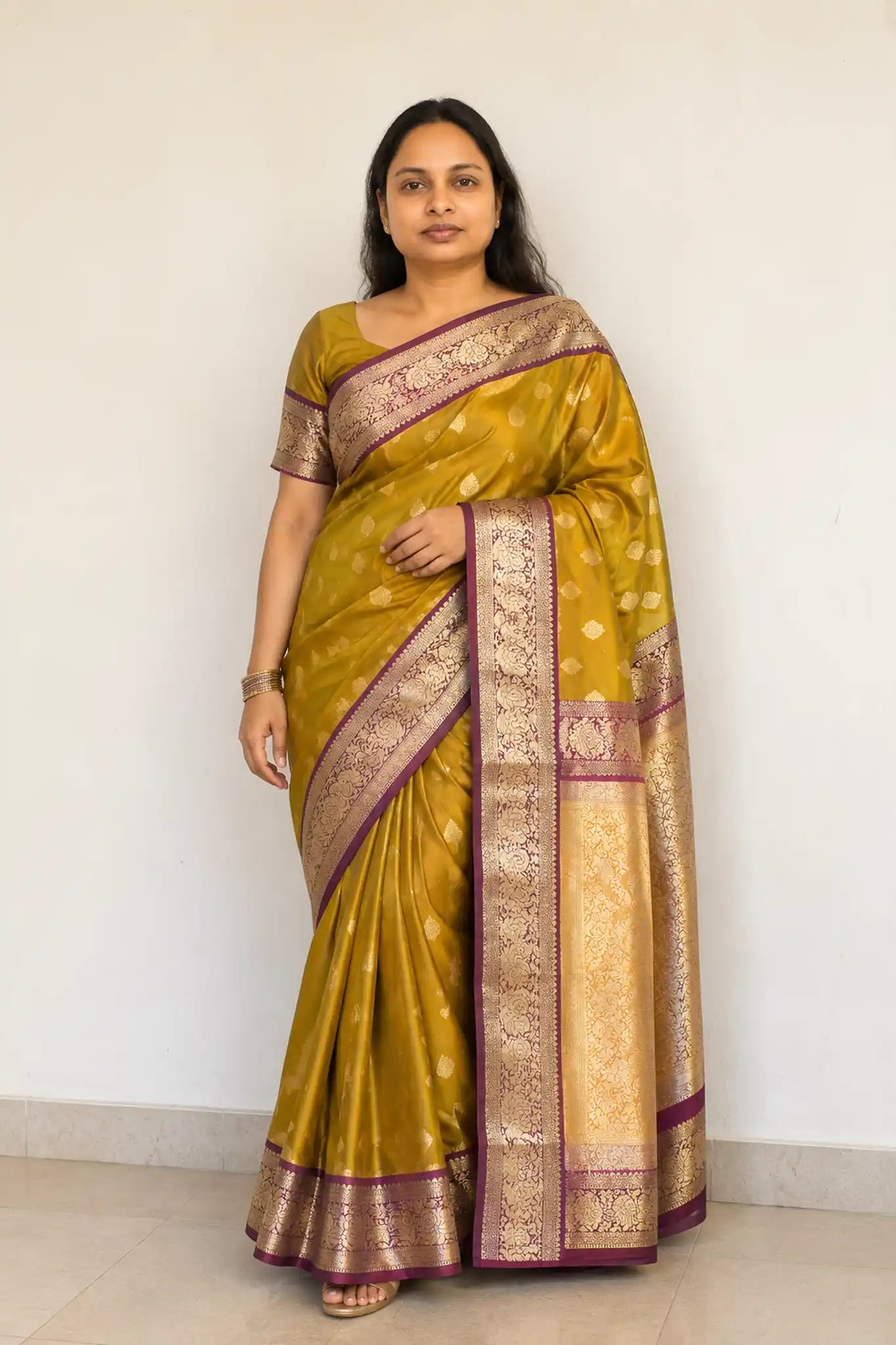 Mustard Banarasi Gadwal Silk Saree with Zari Butta Border - Full Drape | Women Fashion India