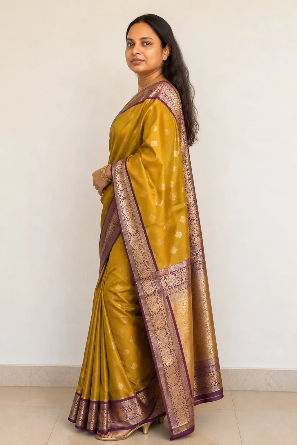 Mustard Banarasi Gadwal Silk Saree with Zari Butta Border - Pallu Brocade | Women Fashion India