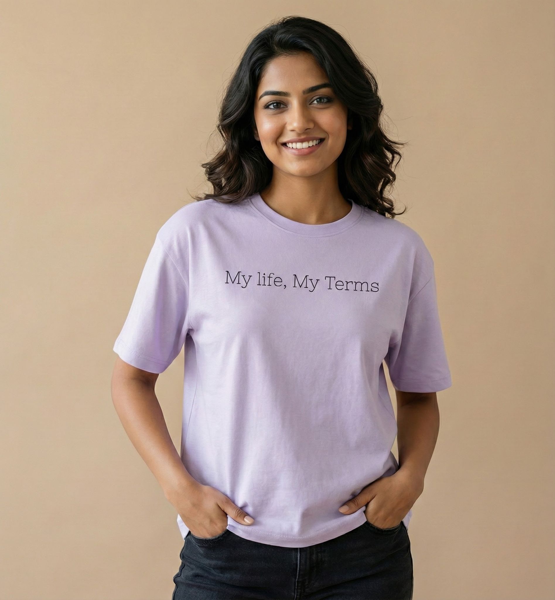 Indian woman wearing lavender cotton T-shirt with “My life, My Terms” minimal text print