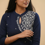 Navy blue chikankari embroidered cotton kurta neckline close-up – TRESSNY