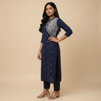 Navy blue chikankari embroidered cotton kurta set front pose – TRESSNY