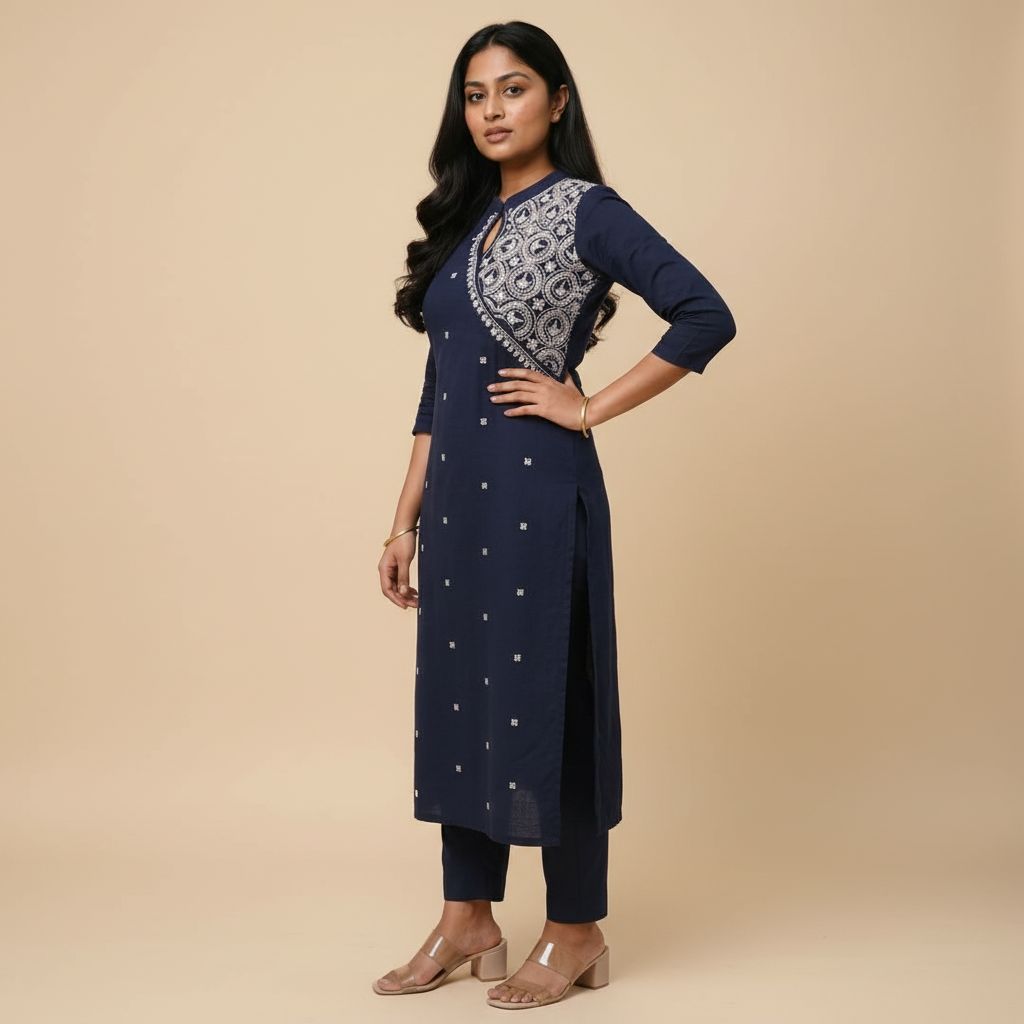 Navy blue chikankari embroidered cotton kurta set front pose – TRESSNY